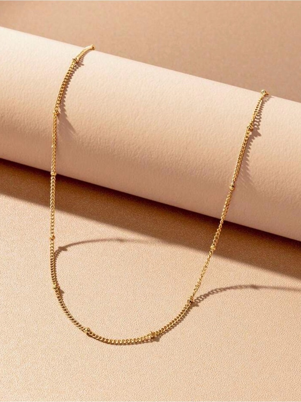 Stainless Steel Gold Color Beaded Station Chain Necklace - Women Jewelry